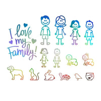 Sticker voiture famille complet couleurs arc-en-ciel, texte I Love My Family, déco originale voiture et moto étanche
