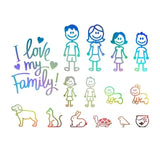 Sticker voiture famille complet couleurs arc-en-ciel, texte I Love My Family, déco originale voiture et moto étanche