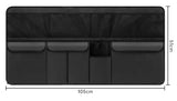 Organisateur de banquette voiture déplié montrant ses dimensions de 105 x 51 cm et ses poches